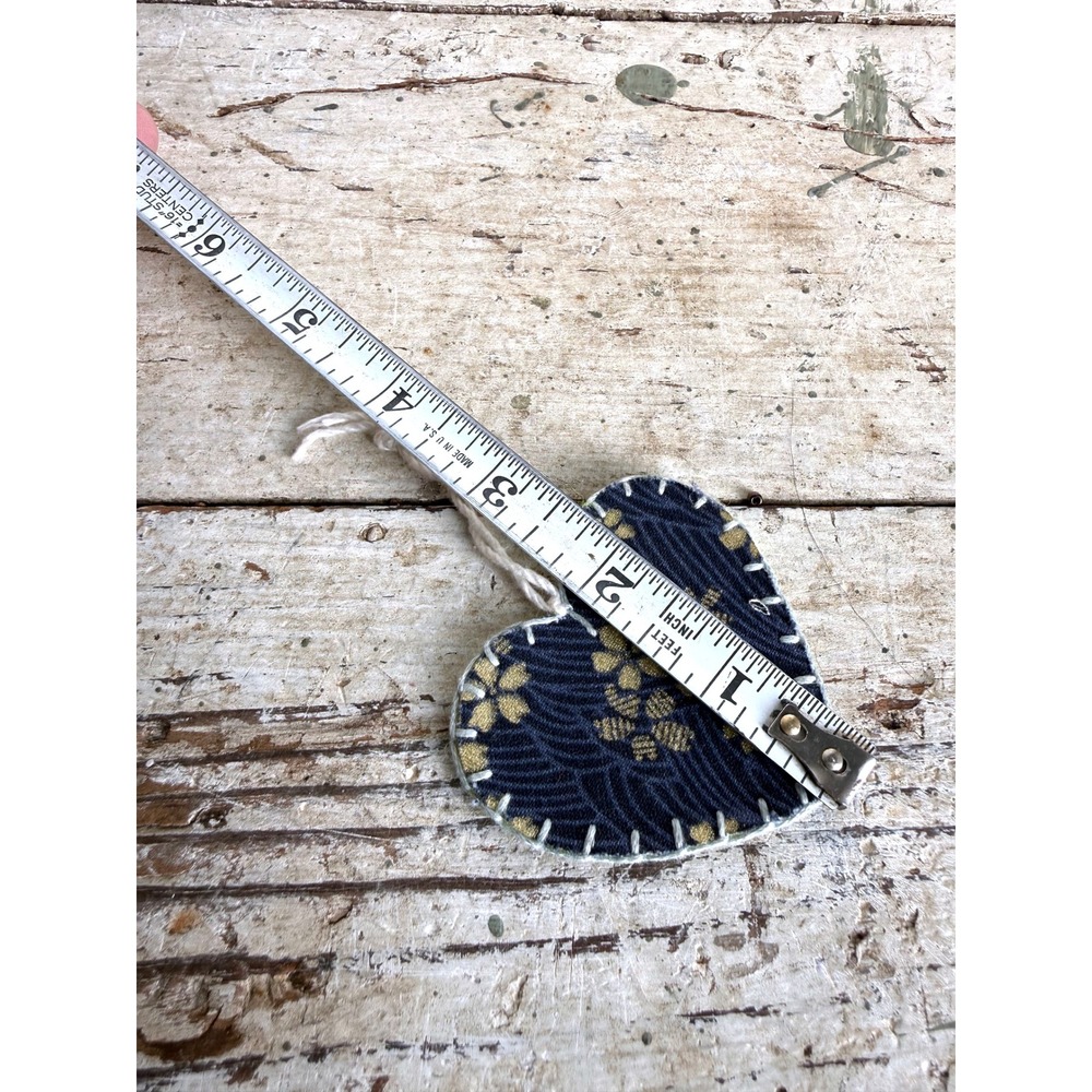 Handmade Fabric Heart Ornament Navy Gold Japanese Floral Yellow‎ Felt Folk Art - Picture 5 of 5